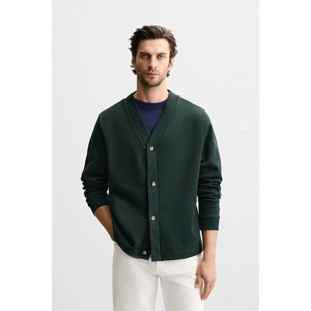Zara Mens Cardigan Sweater Size XL Green Knit V-neck Textured 5372/400 NWT